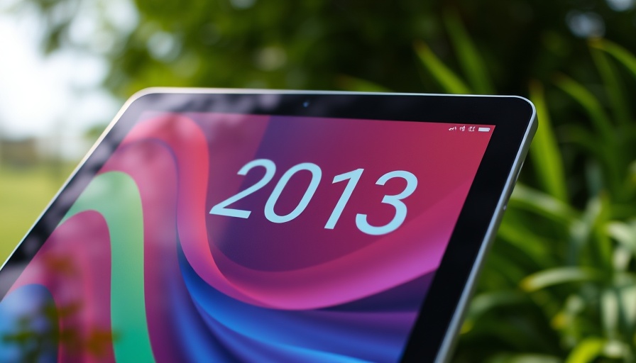Tablet showing date and time outdoors with green background.