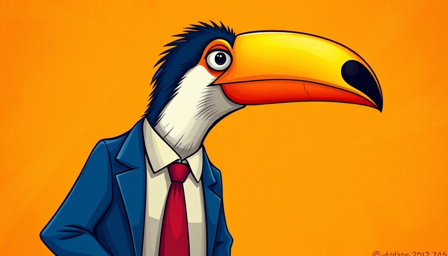 Colorful toucan in a suit with quirky text overlay, surreal cartoon.