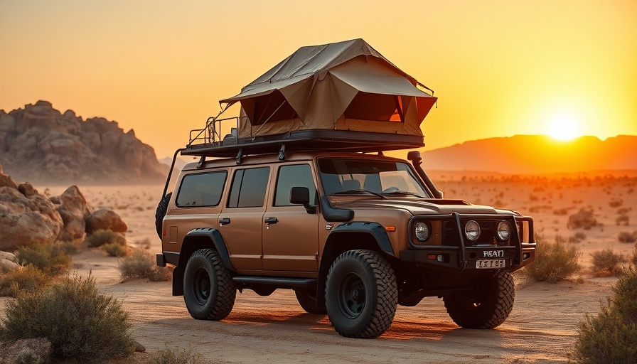 SUV with rooftop tent parked in desert at sunset.