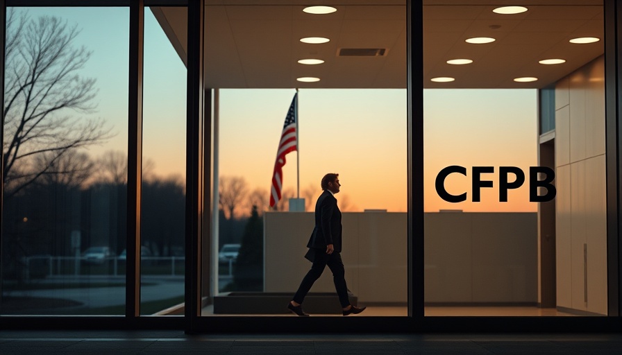 American flag outside CFPB building at night.