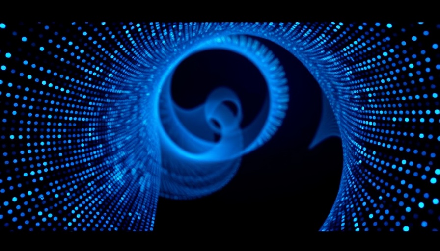 Quantum computing concept with blue light spiral tunnel