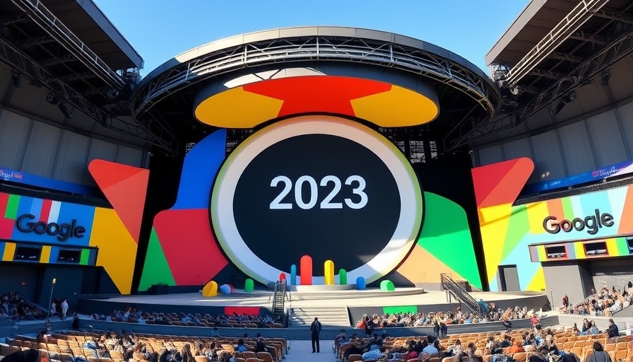 Google I/O 2025 stage at Shoreline Amphitheatre with colorful design.
