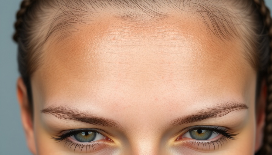 Close-up of acne scars on forehead with braided hair, highlighting skin texture.