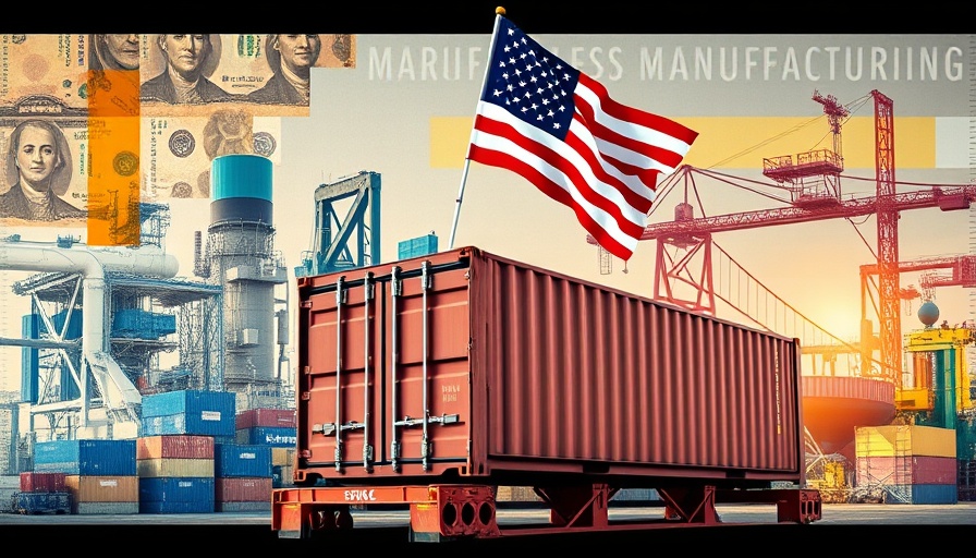 Collage symbolizing the impact of tariffs on US manufacturing, featuring a US-flag container.