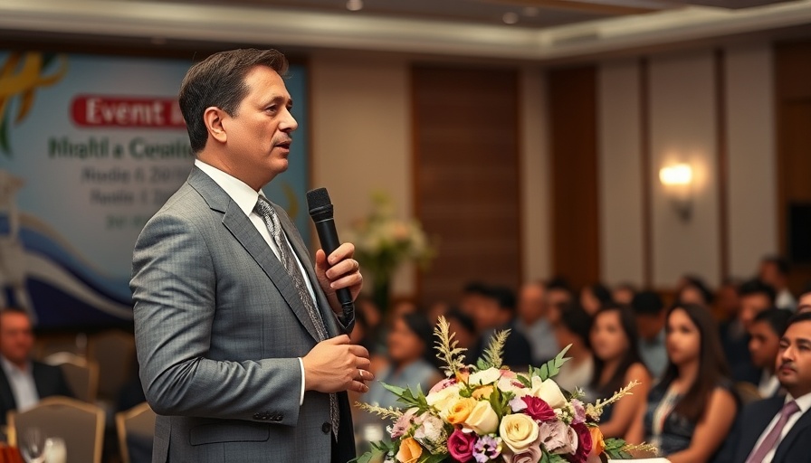 Confident man speaking at an event promoting AI safety and social media advocacy.