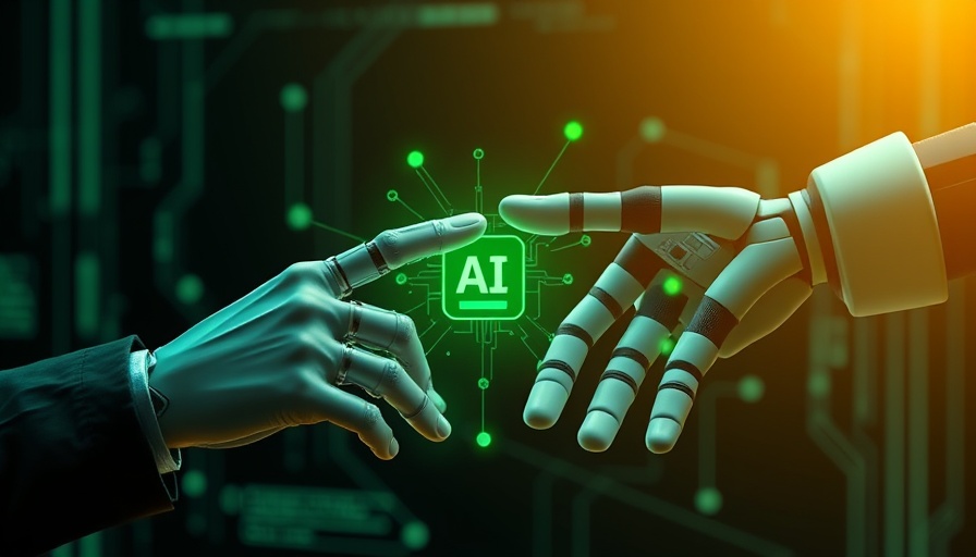 Human and robot hand with AI chip symbolizing software partnership.