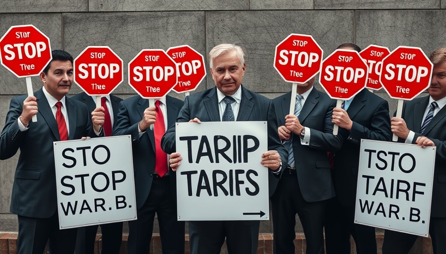 Big Tech tariffs protest with people holding stop signs.