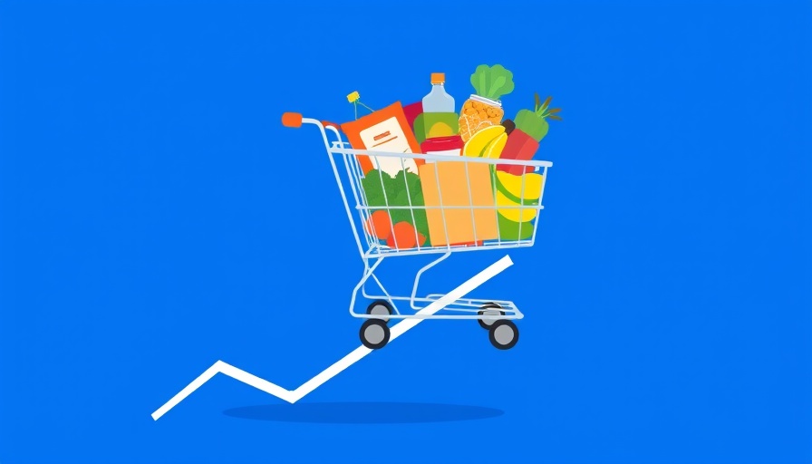 CPG economic challenges depicted with grocery cart on a graph arrow.