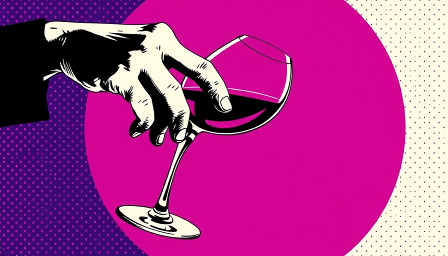 Pop art hand reaching for a wine glass in a purple circle.
