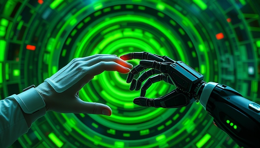 AI trends shaping 2025: Futuristic human-robot interaction with digital grid.