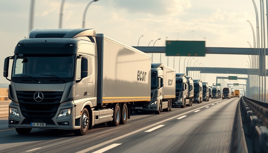 Futuristic autonomous trucks navigating a highway in logistics.