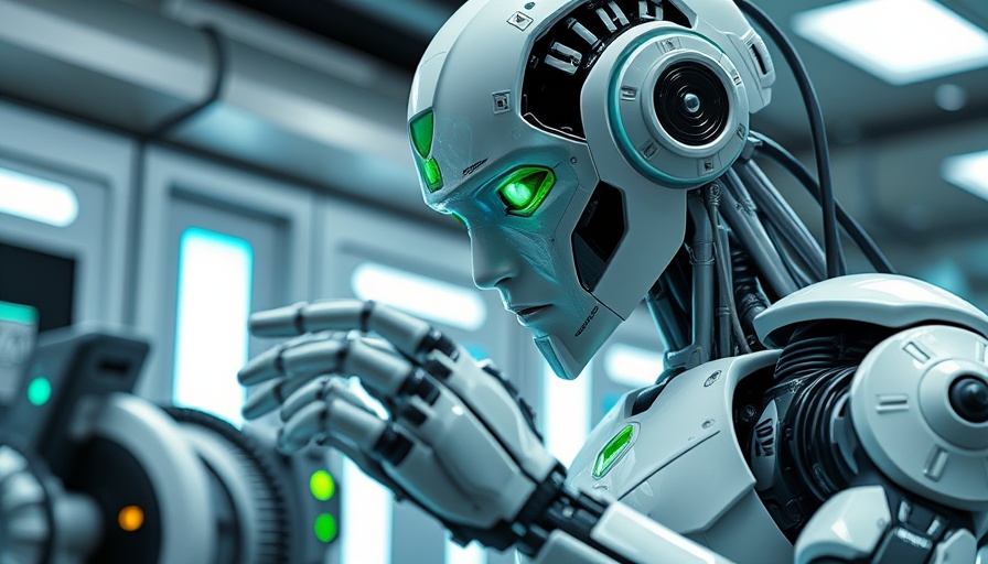 AI agent in futuristic lab interacting with tech device, showcasing security awareness.