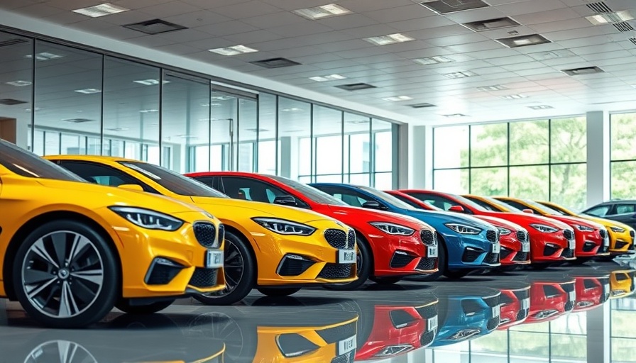 Colorful cars in showroom highlighting used car financing rates.