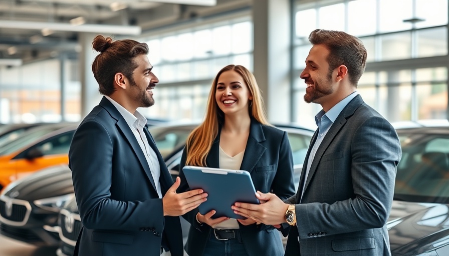 Young couple with car dealer utilizing AI tool for auto financing low credit consumers.