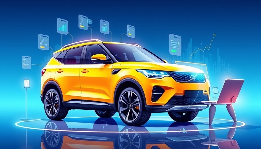 Illustration of dealership financing with digital tools and yellow SUV.