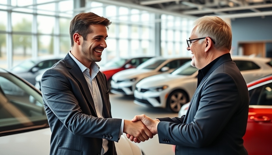 Car salesperson and customer shaking hands in a showroom, Rethinking Success in Auto Sales.
