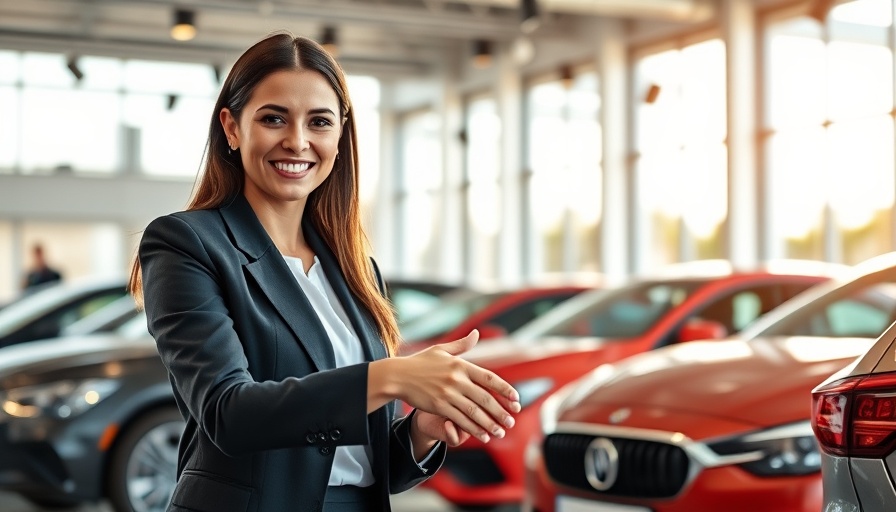 Rethinking success in sales: confident handshake in car showroom.