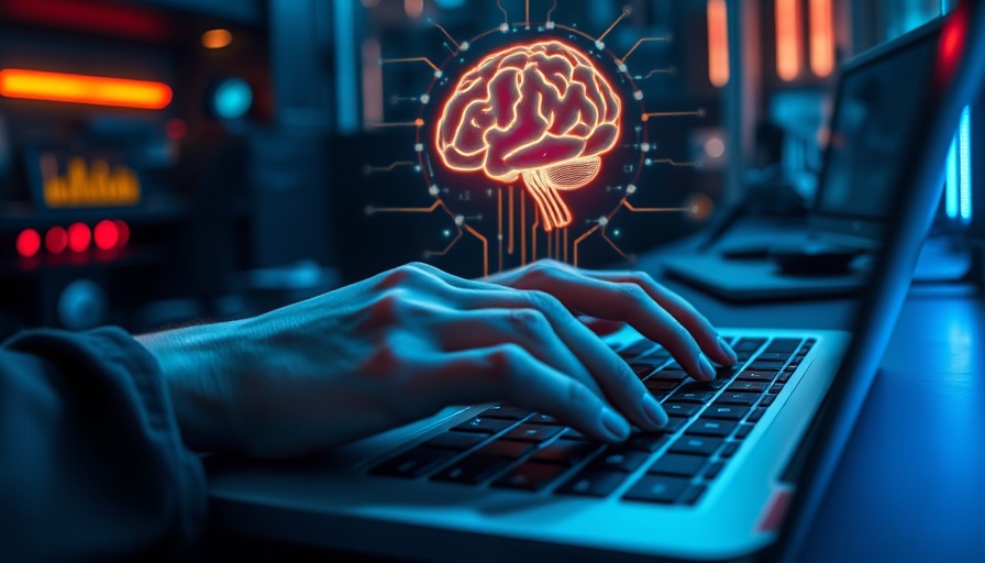 AI security champion concept with a holographic brain and typing hands.