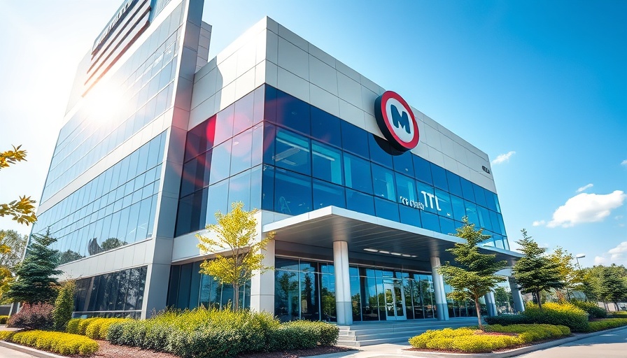 Modern office building with prominent logo, reflecting sunlight, and greenery, related to AI in automotive financing.