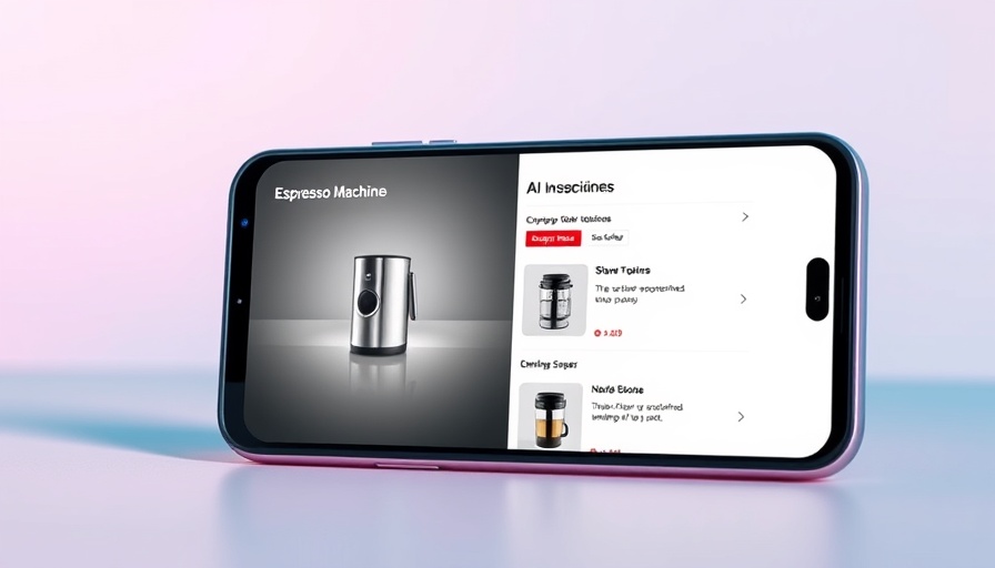 AI-Powered Shopping interface on smartphone showcasing espresso machines in modern design.