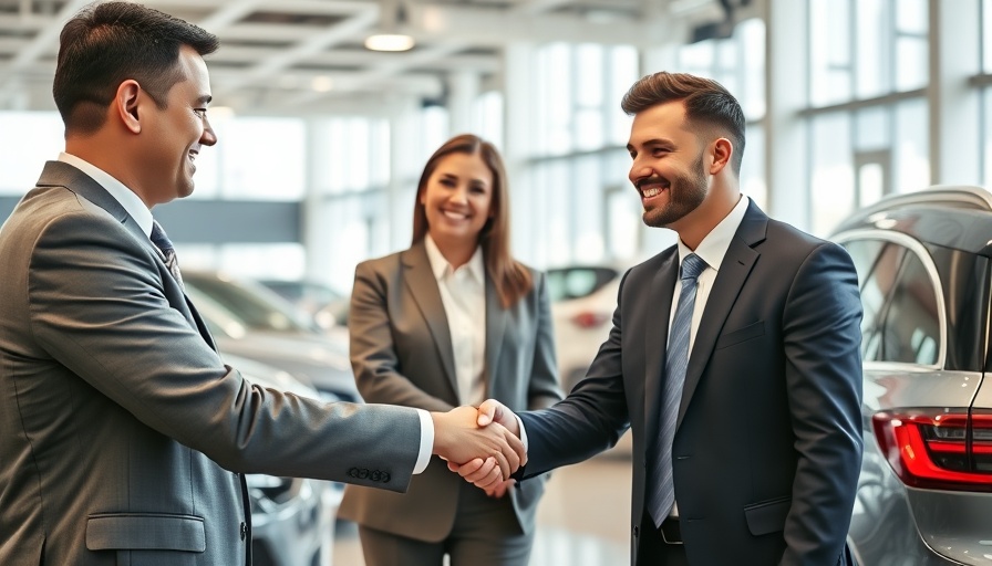 Professionals sealing a deal in a modern car showroom, digital business cars.