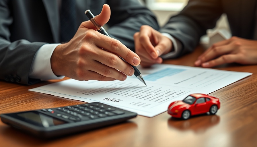 Business meeting discussing auto loan delinquency rates with documents and toy car.