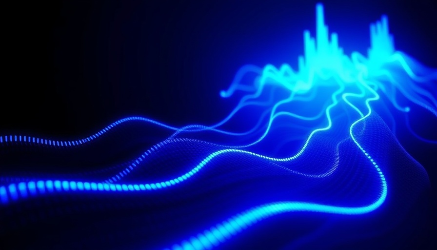 Neon blue sound waves pulsating in dark background.