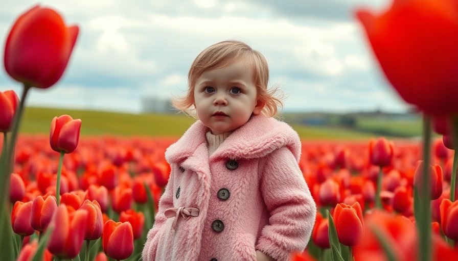 Young child in a tulip field, dreamy expression, European destinations in the Midwest.