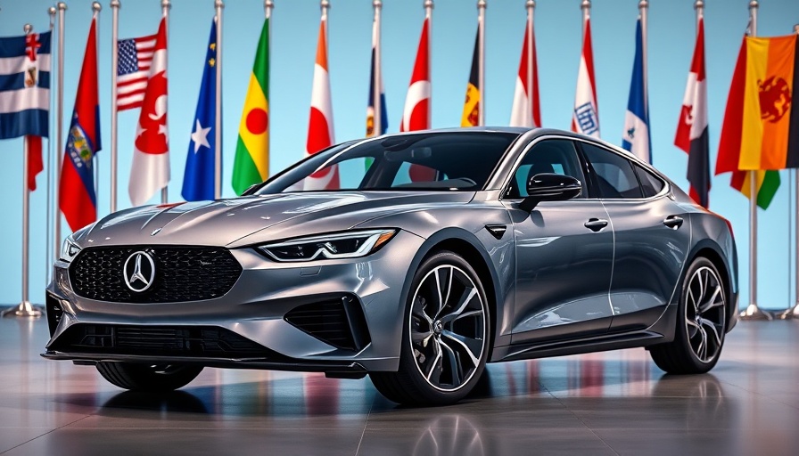 Conceptual image of easing automotive tariffs with modern car and flags.