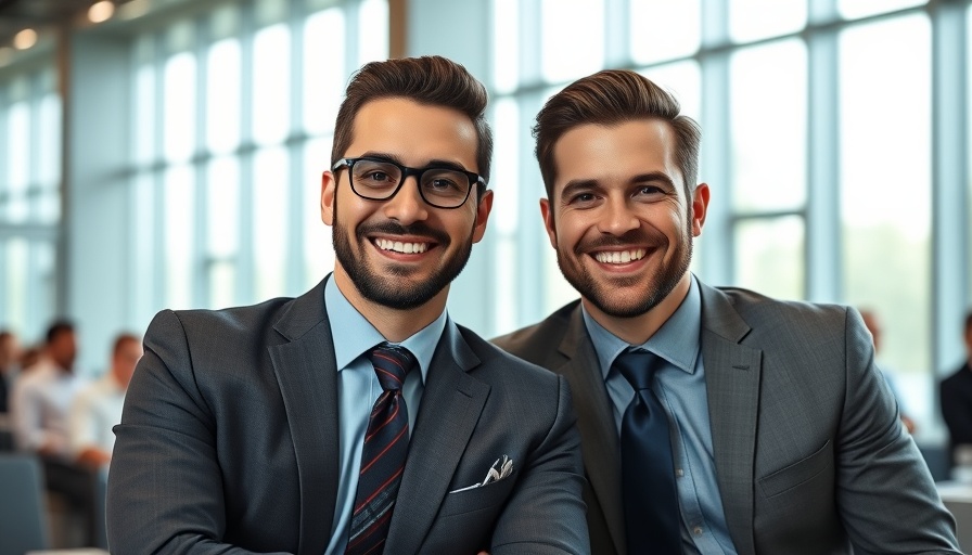 Two businessmen in suits at a conference discussing real-time data security.