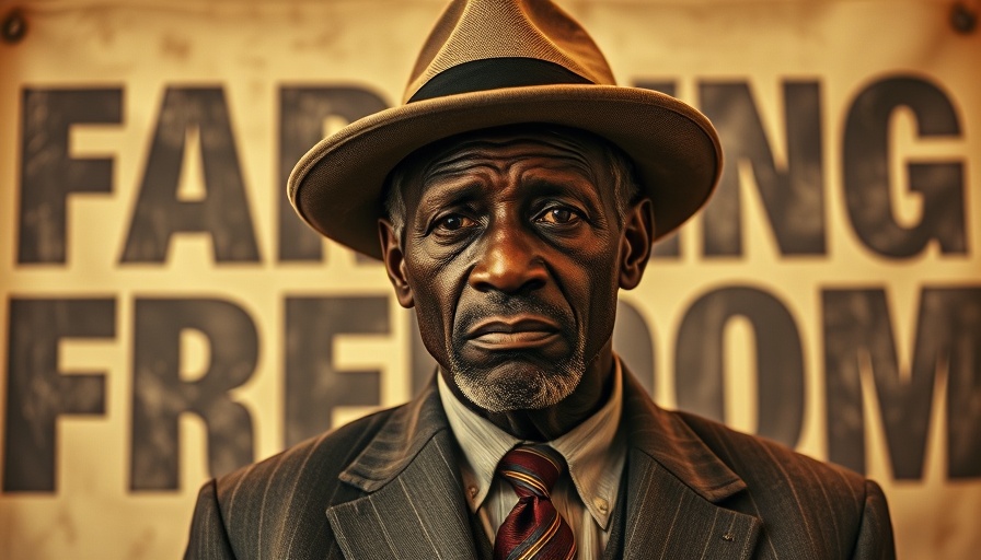 Documentary about black farmers during Jim Crow era: solemn portrait with 'Farming Freedom' text.