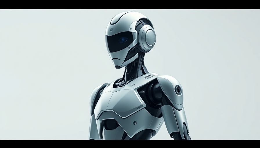 Futuristic humanoid robot stands confidently against white.