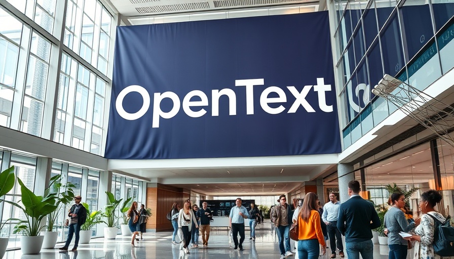 OpenText restructuring initiative in modern atrium with people.