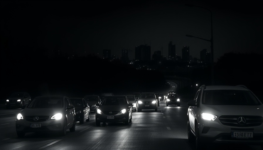 Drivers prioritize safety during blackout, navigating dark urban streets.