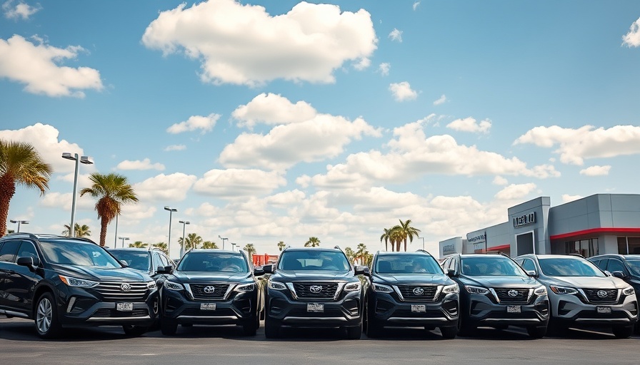 SUVs at dealership lot with low prices banner under sunny sky.