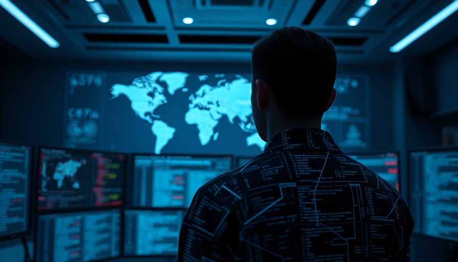 Pixelated figure viewing monitors with AI code hallucinations in tech office.
