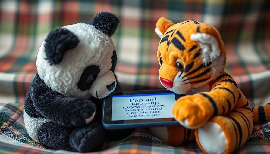 Plush panda and tiger with a tablet, aligning generative AI with technical standards.
