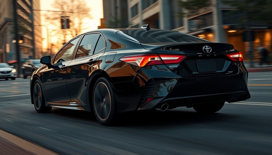 2026 Toyota Camry Nightshade Edition driving at dusk, urban setting.