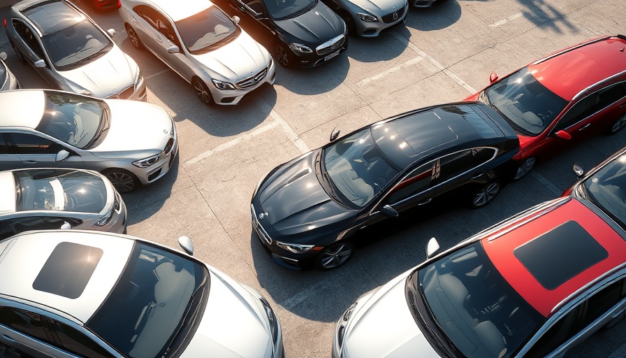 Used vehicle prices rise April 2025: variety of parked cars in a lot.