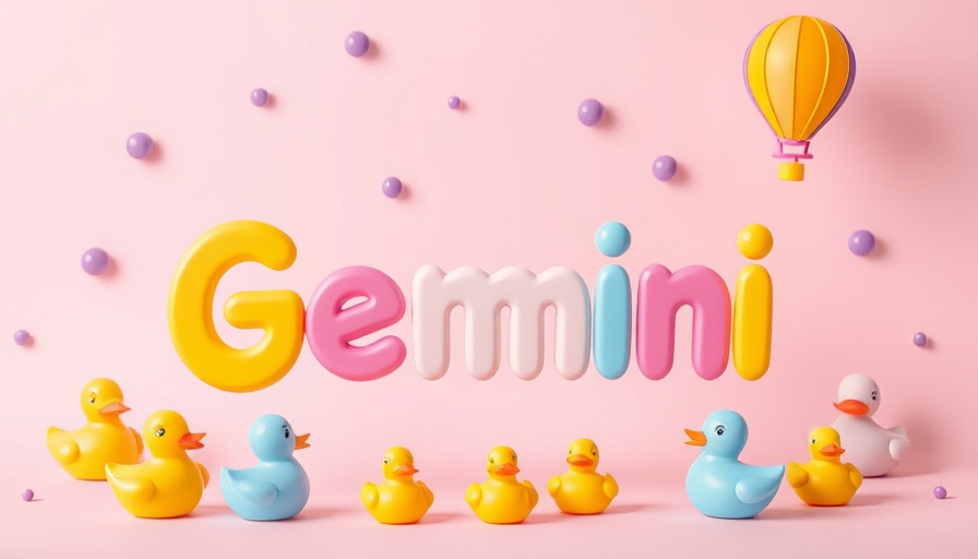 Playful Gemini text with toy illustrations for kids, light background.