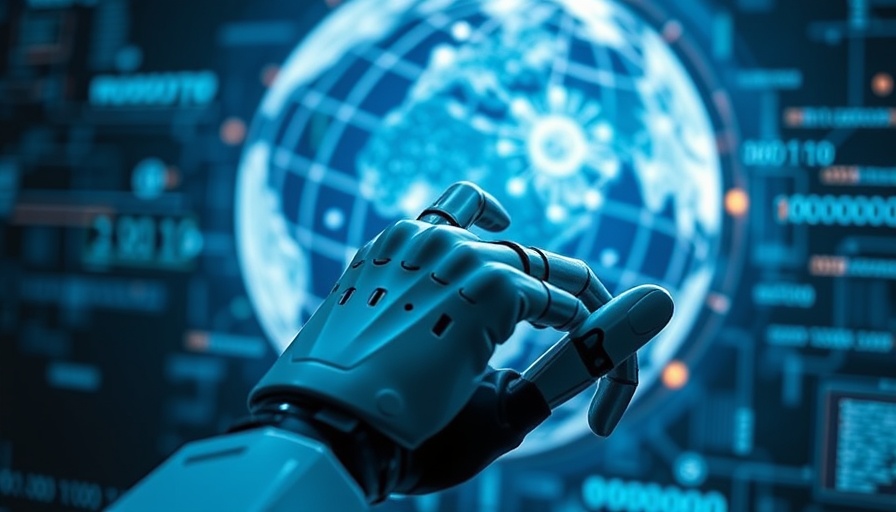 Futuristic robotic hand interacting with digital interface, AI solution for data issue resolution.