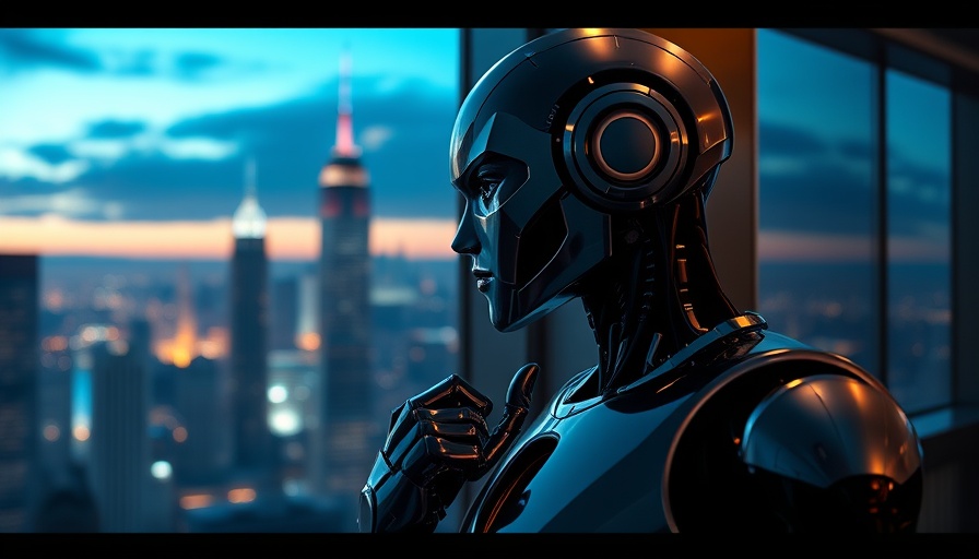 Futuristic robot in high-rise observing cityscape, AI integration.