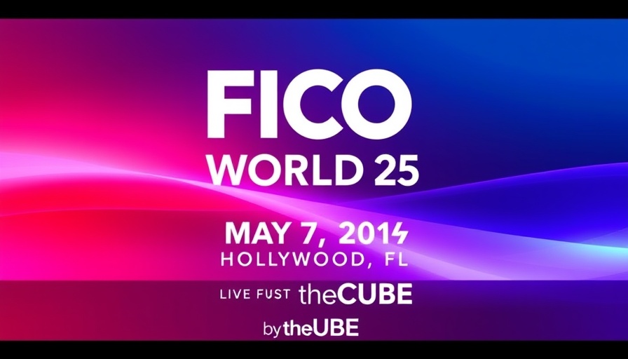AI-driven decision-making at FICO World 25 announcement with colorful gradient background.