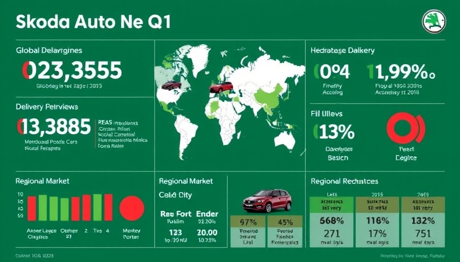 Škoda Auto Q1 2025 results infographic displaying global deliveries and financial performance metrics.