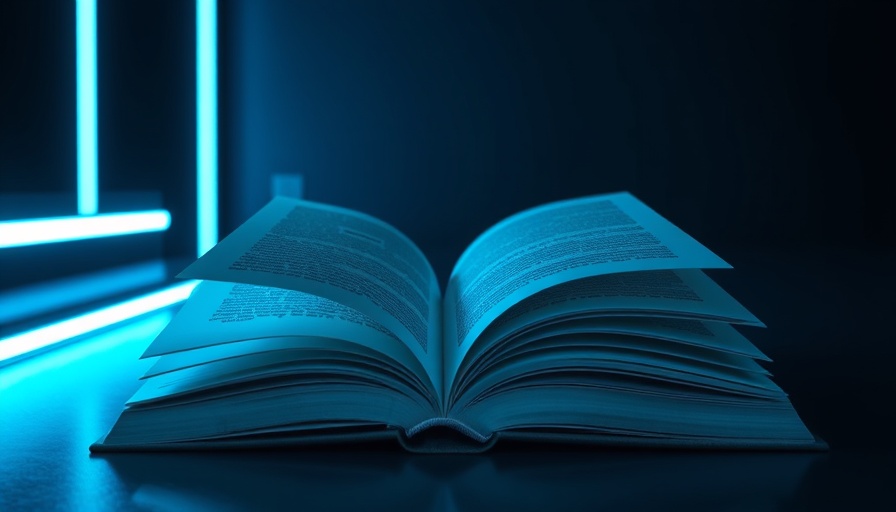 Futuristic open book with neon lights, Analyze Your Amazon Library with ChatGPT.