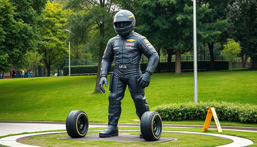 Ayrton Senna sculpture from F1 wheels amidst lush greenery.