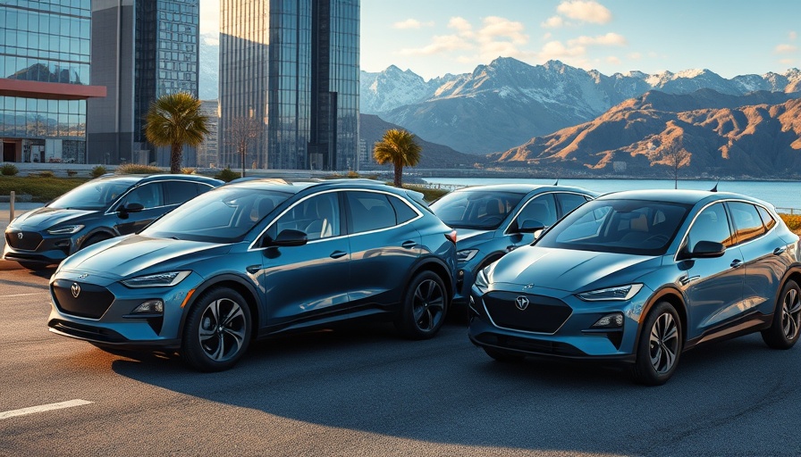 Four modern electric vehicles in urban and natural settings.