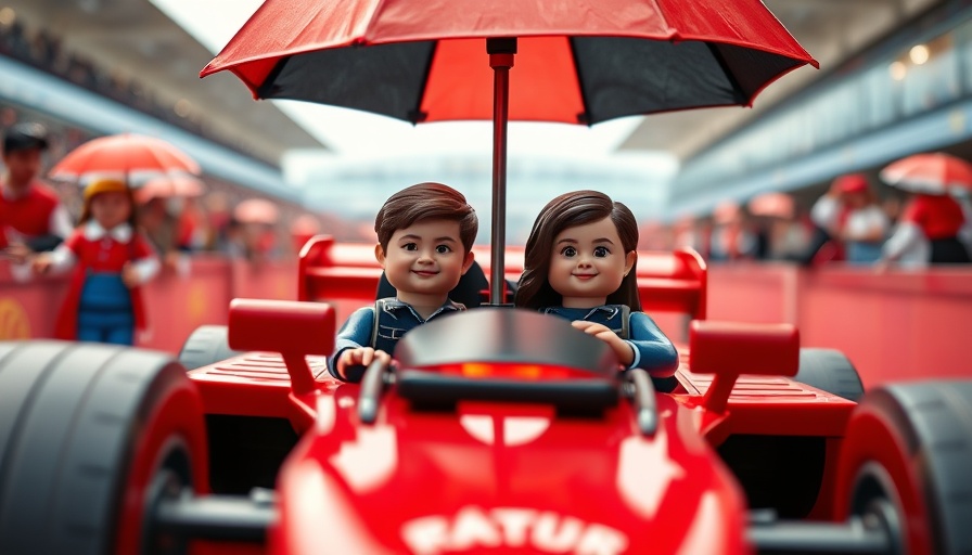 Lego Formula 1 cars with individuals at a racetrack.