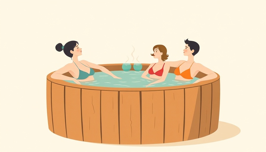 Minimalistic illustration of figures in hot tub, affordable relaxation.