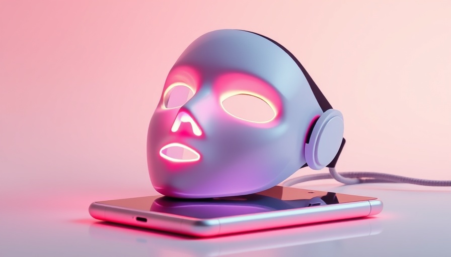 Futuristic LED beauty mask and tablet case on pastel gradient.